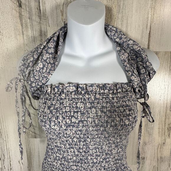 Mable Dusty Blue Floral Midi Dress M | Smocked Halter | Ruffle Hem | MSRP $90 - Picture 4 of 10